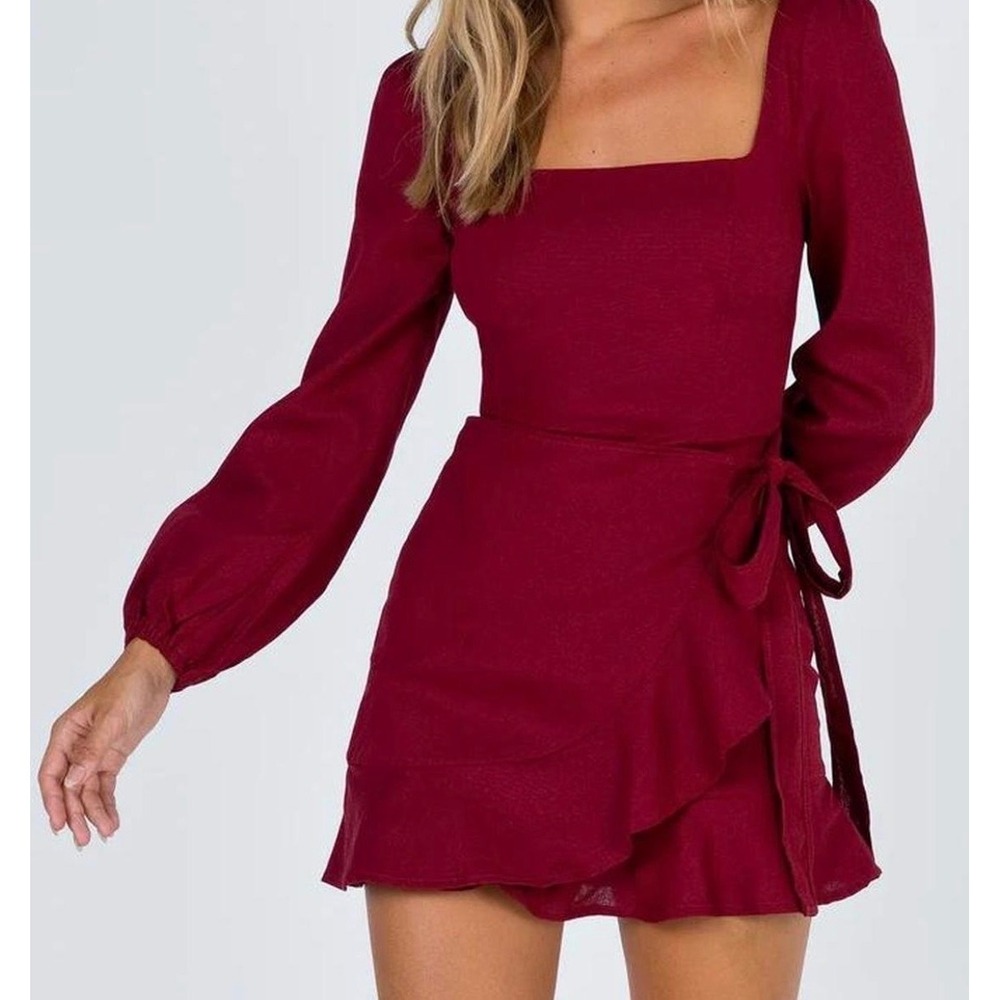 Princess Polly The‎ Villa Mini Dress 8 Burgundy Red Linen Blend Faux Wrap Ruffle
